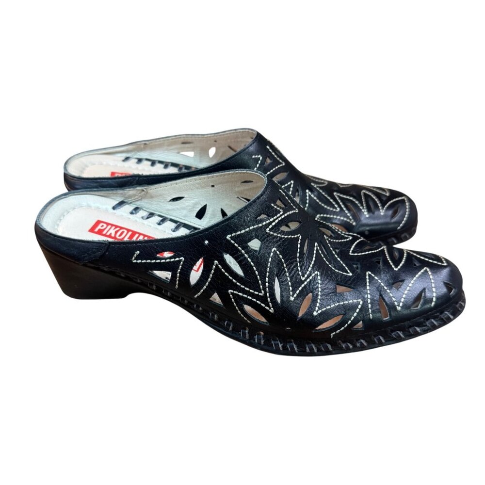 Pikolinos Women's Black Leather Laser Cut Floral Slip On Mule.EU 37 US 6